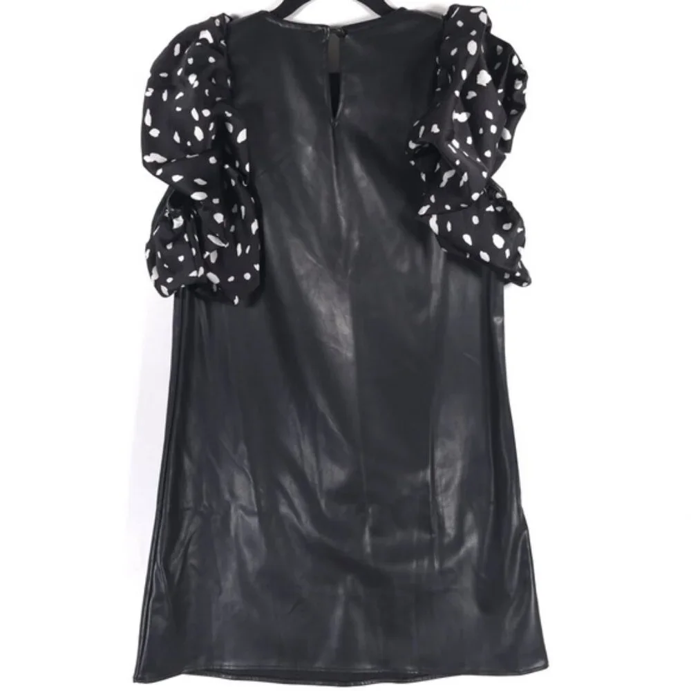 THML Lucia Mini Dress Faux Leather Polka Dot Ruffle Sleeves THS1220-1-BK SMALL - Picture 2 of 12